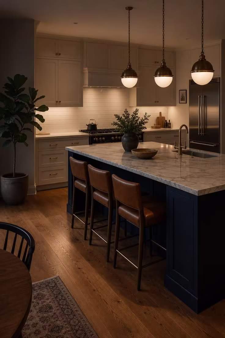 The Color Combinations That Make a Kitchen With White Cabinets Feel Expensive, Not Flat 5 A two-tone kitchen with white upper cabinets and a deep navy island under moody evening light, featuring marble countertops and bronze pendants.