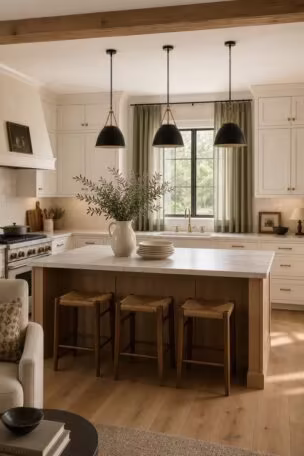 A full kitchen with white cabinets, white oak island with marble countertop, zellige backsplash, and brushed brass hardware in soft afternoon light.
