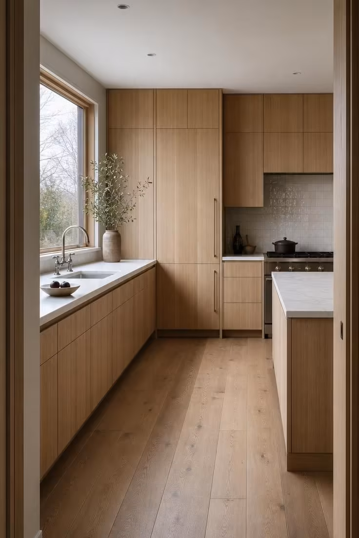 The Fall Refresh That Makes a Kitchen With Wood Cabinets Feel Warm and Inviting 1 A spacious white oak kitchen with slab-front cabinets, honed quartz countertops, and crackle-glaze ceramic tile backsplash in cool morning light