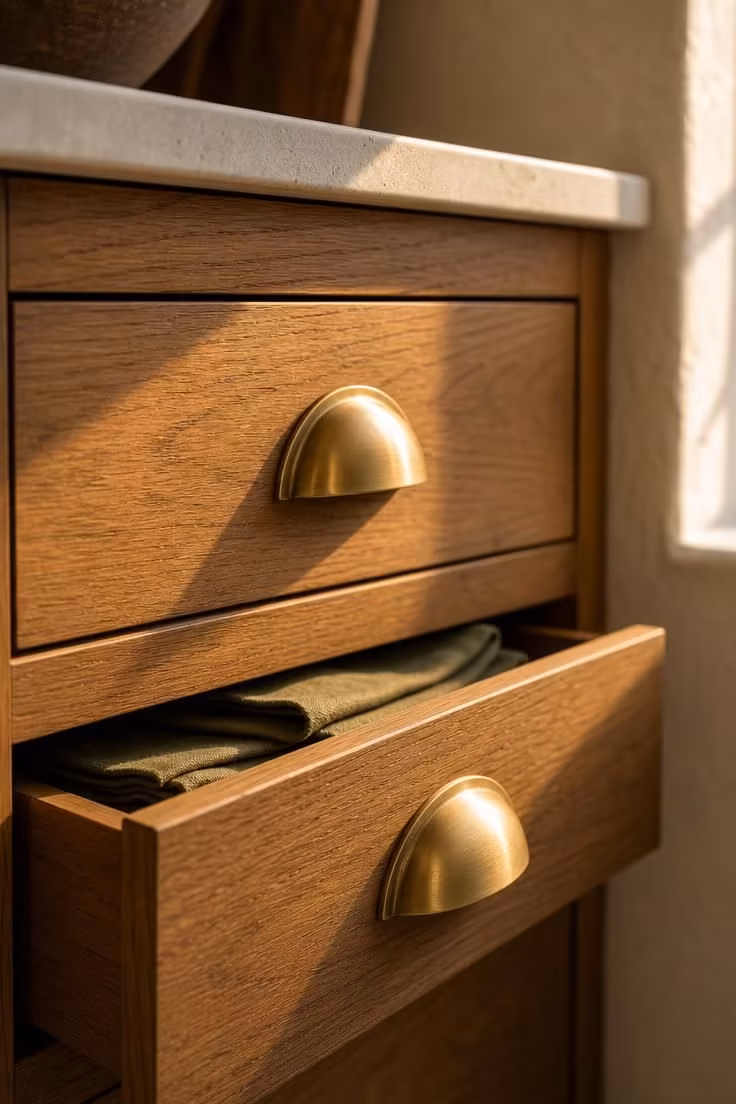 The Fall Refresh That Makes a Kitchen With Wood Cabinets Feel Warm and Inviting 2 Close-up of brushed brass cup pulls on medium-tone oak cabinet drawers in warm afternoon light with a sliver of cream countertop visible