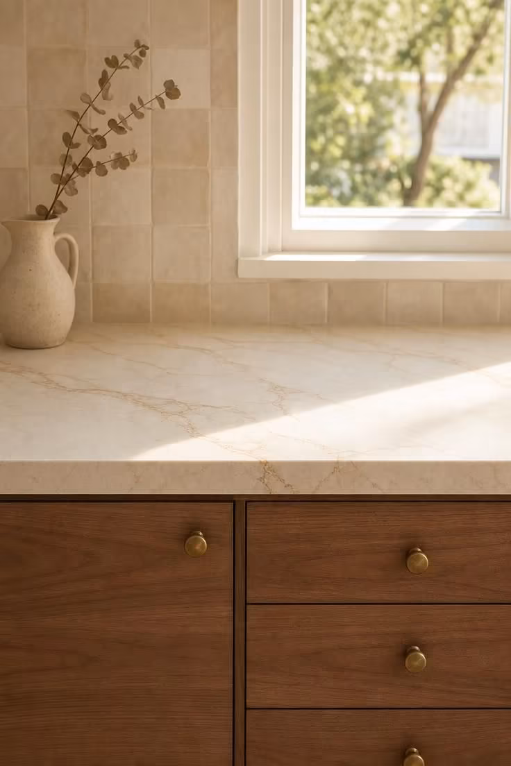 The Fall Refresh That Makes a Kitchen With Wood Cabinets Feel Warm and Inviting 3 Eye-level view of warm-veined cream quartz countertop meeting pecan-toned wood cabinets with aged brass knobs in bright midday light