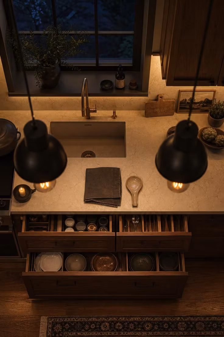 The Fall Refresh That Makes a Kitchen With Wood Cabinets Feel Warm and Inviting 4 Overhead view of a wood kitchen with warm under-cabinet LED lighting washing across walnut drawers and pale stone countertop in an evening setting