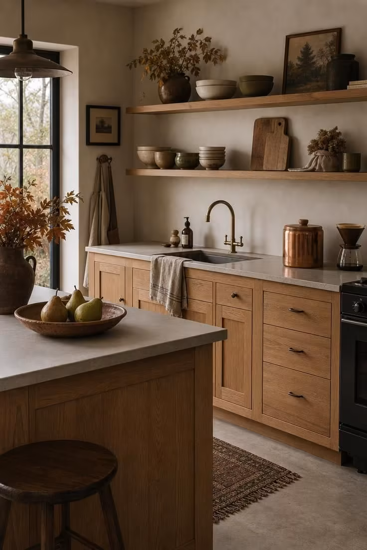 The Fall Refresh That Makes a Kitchen With Wood Cabinets Feel Warm and Inviting 5 Wide-angle view of a natural oak kitchen with styled open shelves displaying stoneware, cutting boards, and dried herbs in soft cloudy afternoon light