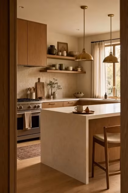 The Fall Refresh That Makes a Kitchen With Wood Cabinets Feel Warm and Inviting A complete medium-tone oak kitchen with cream quartz waterfall island, brass pendant lighting, and styled open shelving in warm late-afternoon light