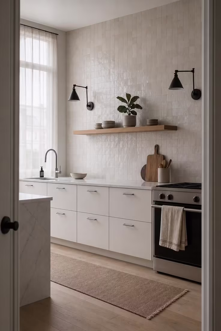 7 Mistakes That Make a Kitchen Without Upper Cabinets Look Empty Instead of Elegant 1 A kitchen without upper cabinets featuring dove zellige tile backsplash stretching to the ceiling with matte black sconces and a floating oak shelf