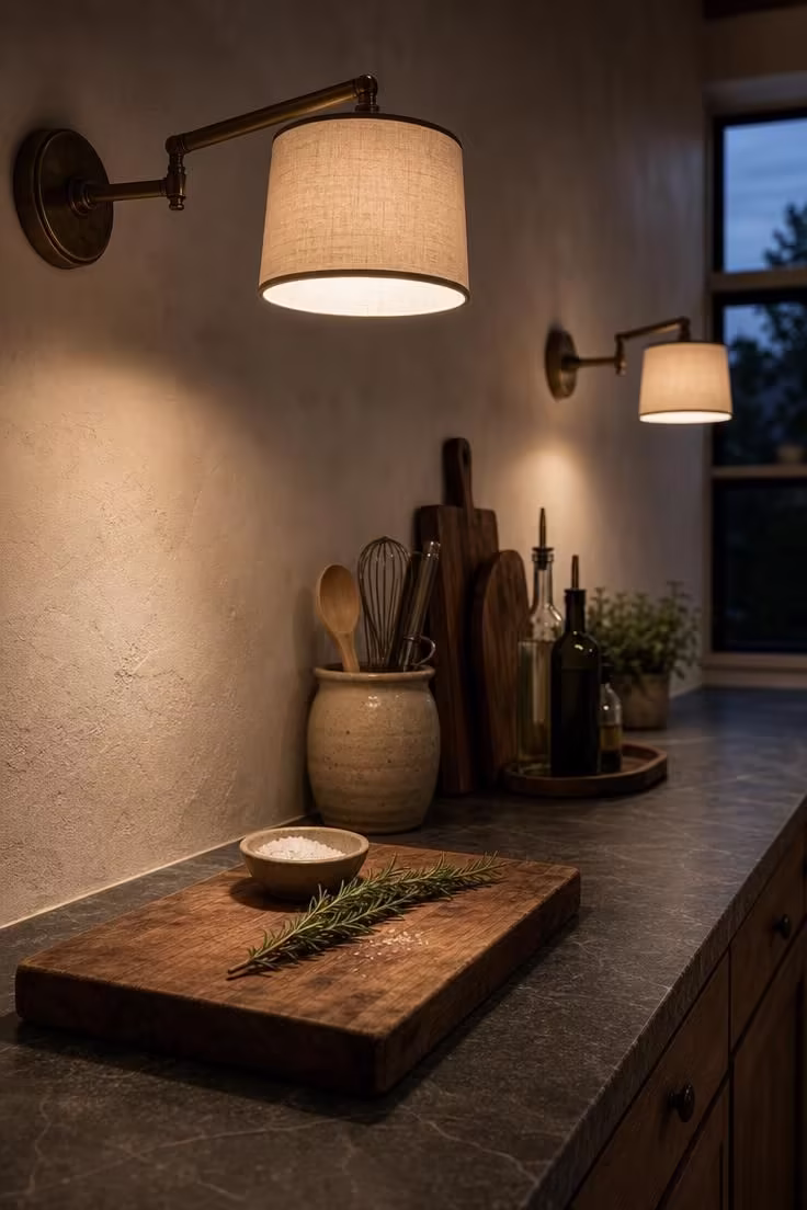 7 Mistakes That Make a Kitchen Without Upper Cabinets Look Empty Instead of Elegant 3 Close-up of a brass swing-arm sconce casting soft diffused light onto a soapstone kitchen countertop with a cutting board and fresh herbs