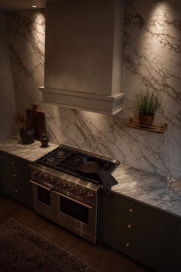 7 Mistakes That Make a Kitchen Without Upper Cabinets Look Empty Instead of Elegant 4 Overhead view of a kitchen range wall with floor-to-ceiling Calacatta marble backsplash and plaster hood in moody low light