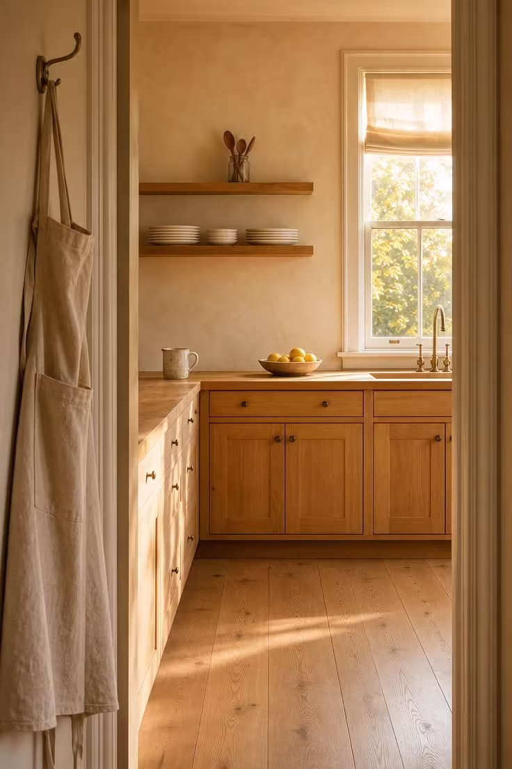 7 Mistakes That Make a Kitchen Without Upper Cabinets Look Empty Instead of Elegant 5 Kitchen without upper cabinets seen from a doorway threshold in warm golden morning light with pine floating shelves and clean butcher block counters