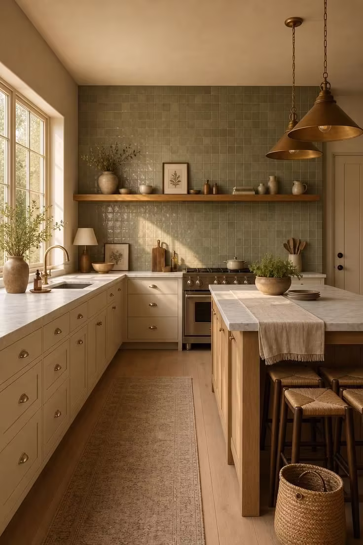 Simple Spaces 19 A complete kitchen without upper cabinets featuring sage zellige backsplash, brass pendants, and warm golden afternoon light across white marble countertops