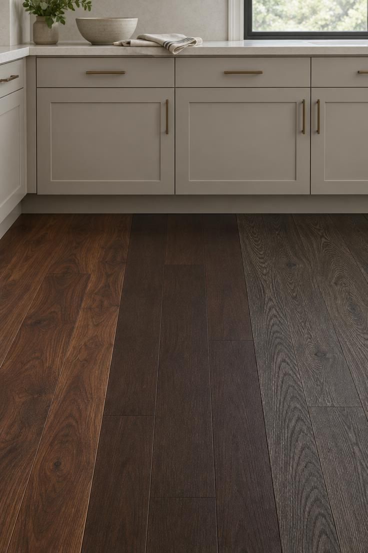 A Complete Guide to Styling Kitchens with Dark Wood Floors 1 Three dark wood floor samples in warm walnut, chocolate espresso, and dark smoked oak installed side by side in a neutral kitchen under soft diffused daylight.