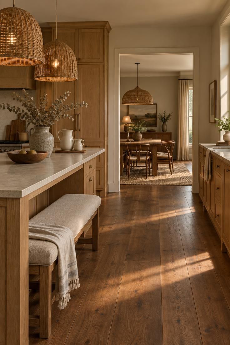 A Complete Guide to Styling Kitchens with Dark Wood Floors 2 A warm natural kitchen with medium-dark wood flooring extending into a dining area, honey oak cabinetry, rattan pendants, and golden afternoon light.