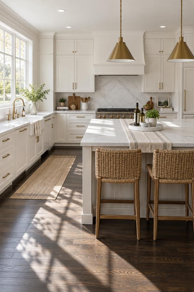 A Complete Guide to Styling Kitchens with Dark Wood Floors 3 A bright kitchen with warm white cabinets, white quartz counters, brushed brass hardware, and dark espresso wood flooring in midday light.