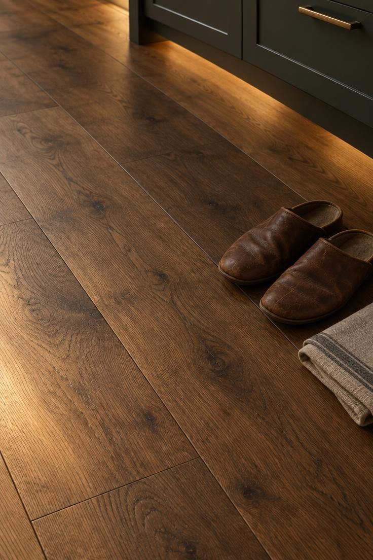 A Complete Guide to Styling Kitchens with Dark Wood Floors 4 A close-up of matte-finished wide-plank oak flooring in warm medium-dark brown with visible grain under warm golden light.