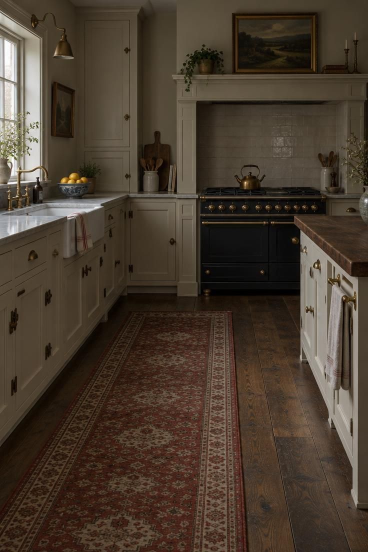 A Complete Guide to Styling Kitchens with Dark Wood Floors 5 A traditional kitchen with dark oak floors showing visible grain, a woven runner in the work zone, cream cabinetry, and soft morning light.