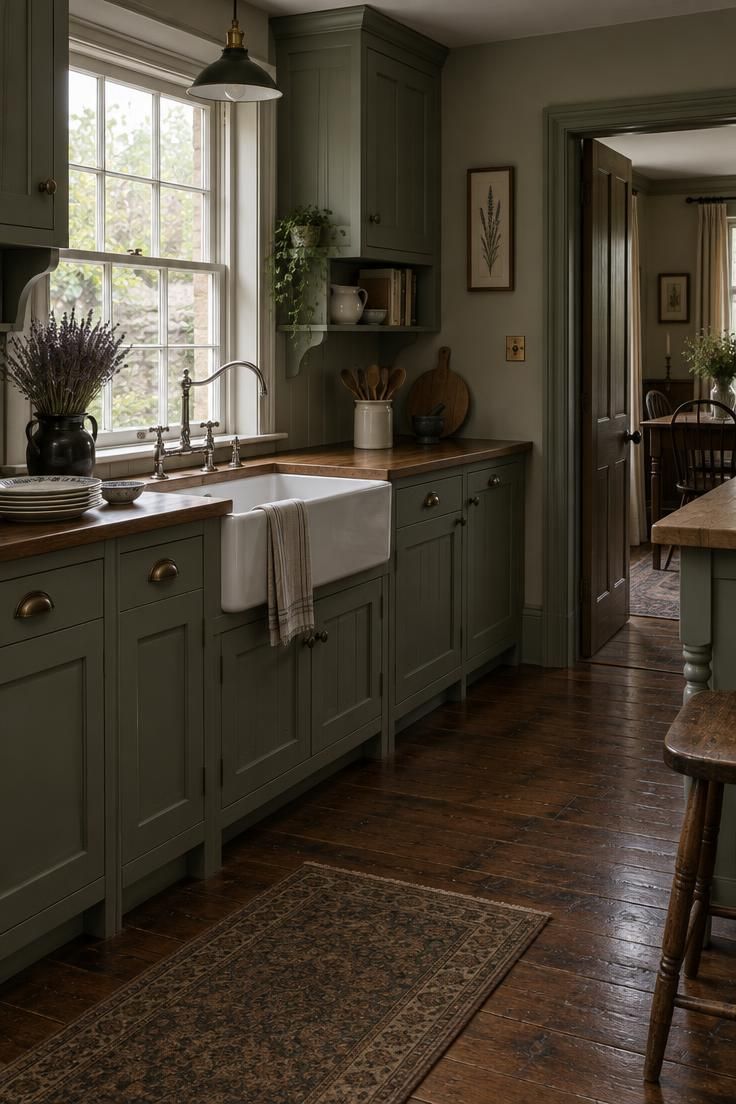 A Complete Guide to Styling Kitchens with Dark Wood Floors 7 A period home kitchen with mid-dark brown wood floors showing visible patina and worn edges, muted green-grey cabinetry, and soft daylight.