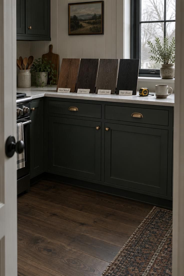A Complete Guide to Styling Kitchens with Dark Wood Floors 8 A sample board with four dark wood floor swatches in walnut, espresso, smoked oak, and near-black resting near kitchen base cabinets in cool overcast daylight.