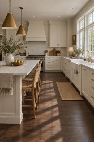 A modern kitchen with dark espresso wood floors, warm white cabinetry, light counters, and brass fixtures under natural window light.