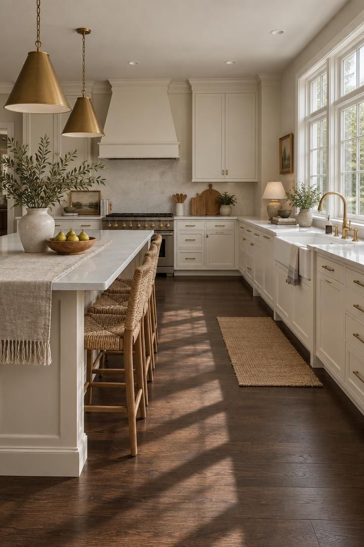Simple Spaces 18 A modern kitchen with dark espresso wood floors, warm white cabinetry, light counters, and brass fixtures under natural window light.