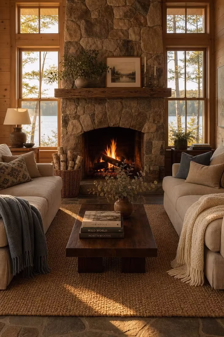 11 Lake Cottage Decor Ideas Packed With Rustic Warmth 1 A fieldstone fireplace with linen-covered sofas and warm golden light in a lake cottage living room