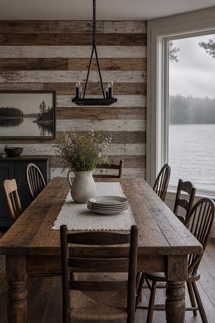 11 Lake Cottage Decor Ideas Packed With Rustic Warmth 2 A reclaimed pine accent wall behind a farmhouse dining table with mismatched chairs and cool overcast light