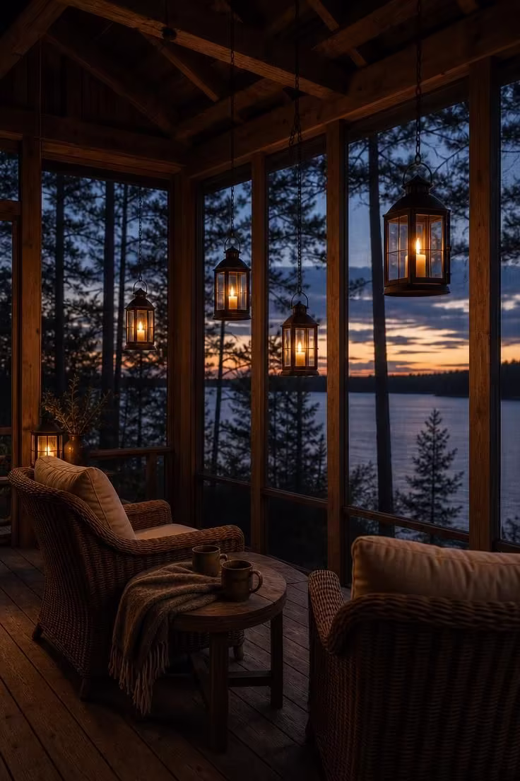 11 Lake Cottage Decor Ideas Packed With Rustic Warmth 3 A cedar-framed screened porch with hanging metal lanterns and woven rattan chairs at dusk
