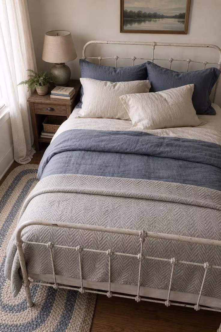 11 Lake Cottage Decor Ideas Packed With Rustic Warmth 4 Slate blue and ivory bedding layered on a whitewashed iron bed frame in a lake house bedroom with soft diffused light