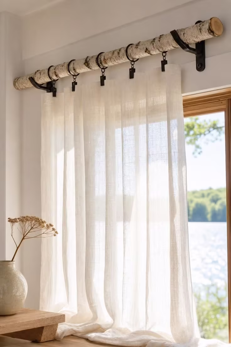 11 Lake Cottage Decor Ideas Packed With Rustic Warmth 5 A birch branch curtain rod with sheer linen panels filtering bright midday light in a lake cottage