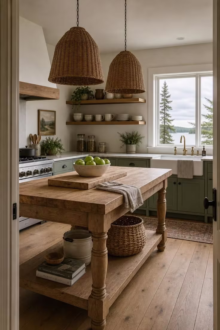 11 Lake Cottage Decor Ideas Packed With Rustic Warmth 7 Two woven rattan pendant lights hanging over a butcher block island in a lake cottage kitchen with cool overcast light