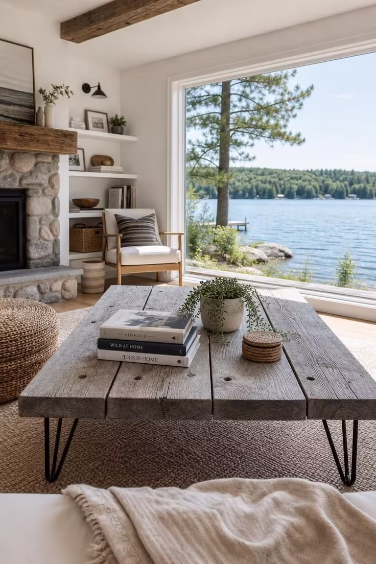 11 Lake Cottage Decor Ideas Packed With Rustic Warmth 8 A dock-inspired coffee table made from weathered planks on hairpin legs in a bright lake cottage living room