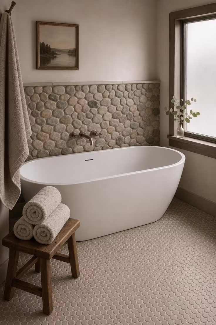 11 Lake Cottage Decor Ideas Packed With Rustic Warmth 9 Stacked river stone wall accents around a freestanding soaking tub with soft diffused light in a lake cottage bathroom