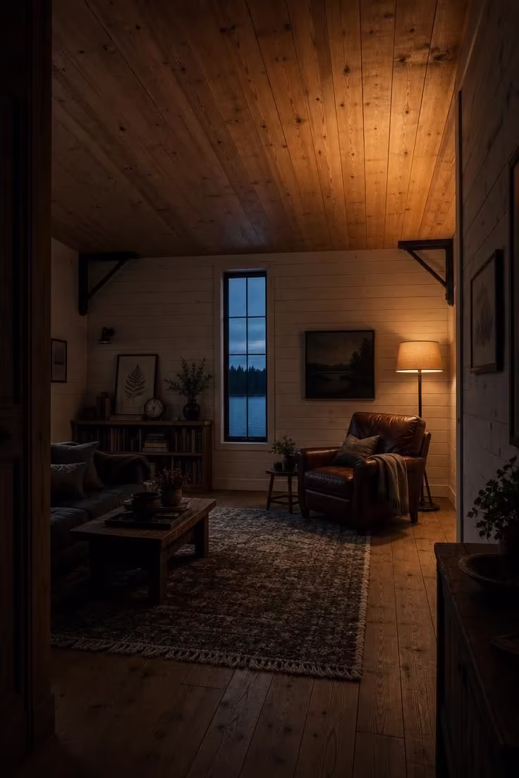 11 Lake Cottage Decor Ideas Packed With Rustic Warmth 10 A knotty pine tongue-and-groove ceiling with exposed iron brackets in a moody low-light lake cottage great room
