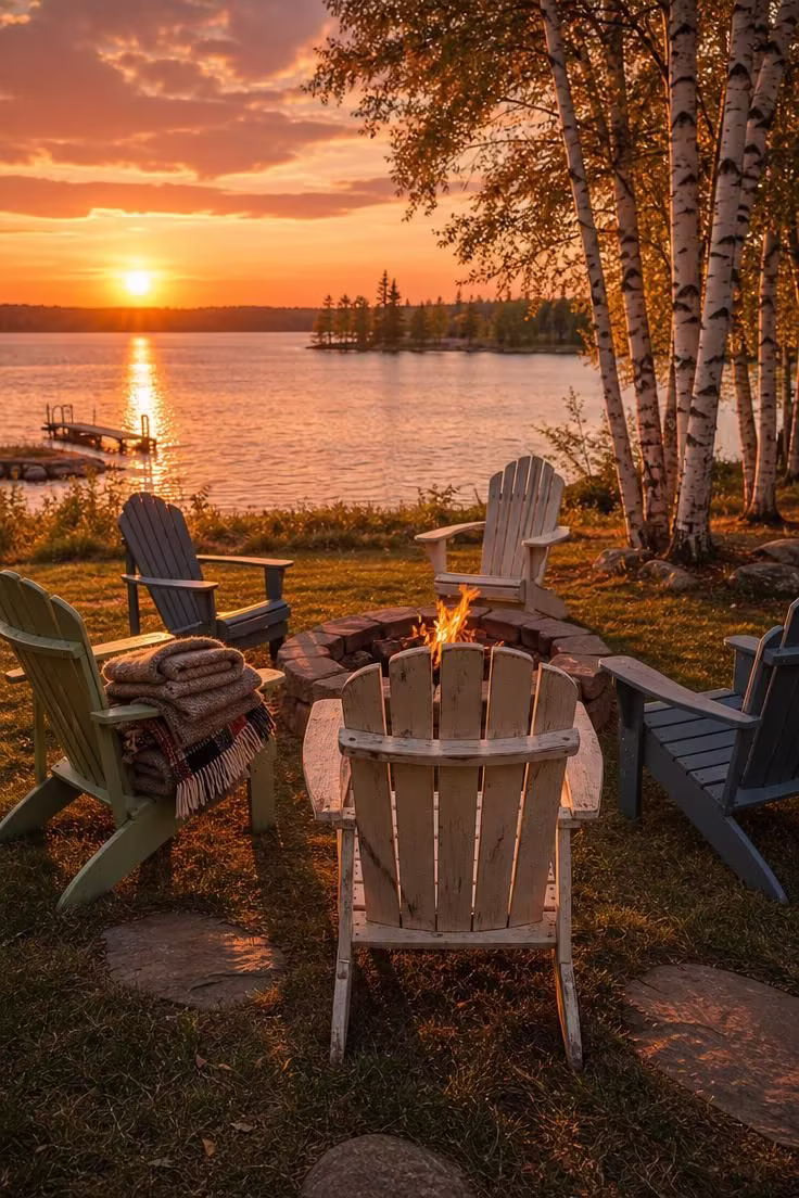 11 Lake Cottage Decor Ideas Packed With Rustic Warmth 11 Painted Adirondack chairs clustered around a stone fire pit at a lakefront with warm golden sunset light