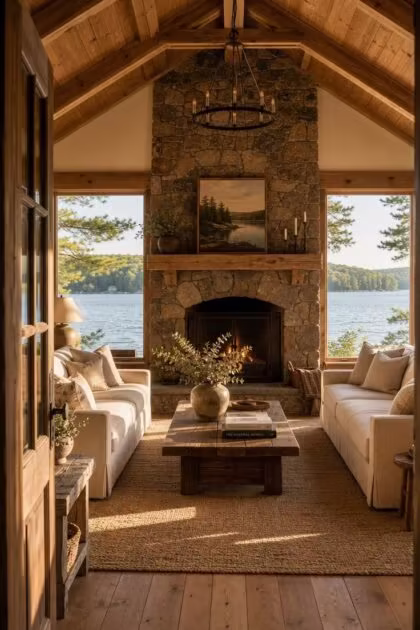 11 Lake Cottage Decor Ideas Packed With Rustic Warmth A lake cottage living room with a fieldstone fireplace, linen sofas, knotty pine beamed ceiling, and views of a calm lake through large windows