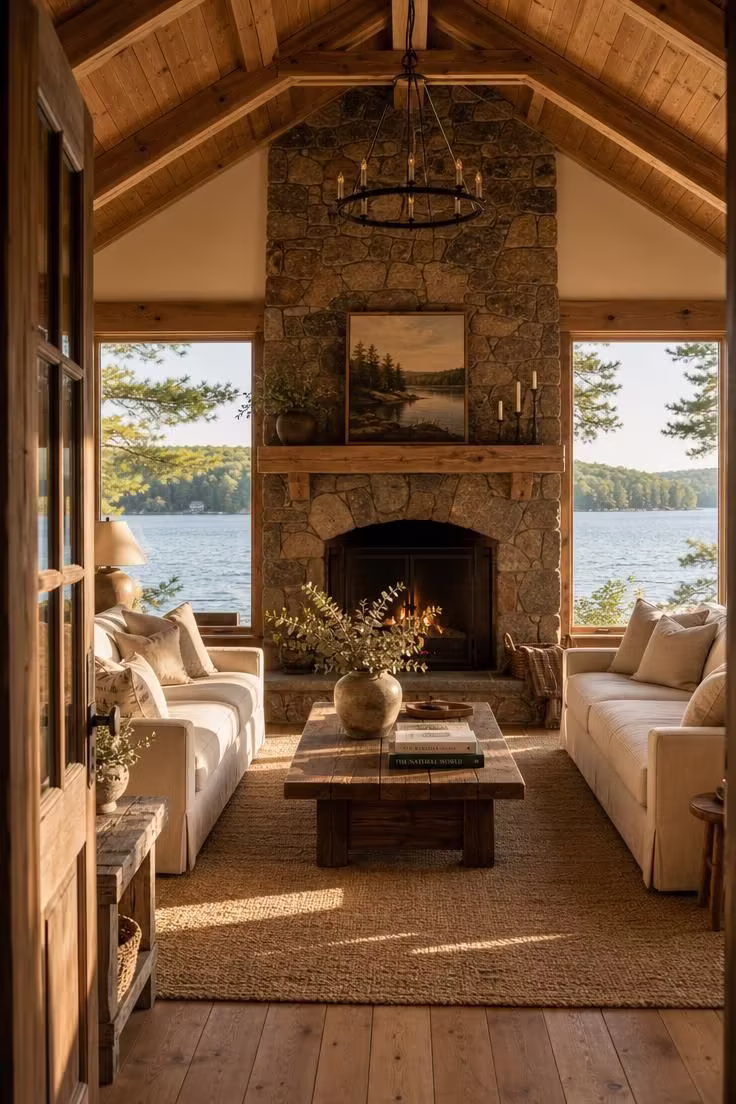 Simple Spaces 18 A lake cottage living room with a fieldstone fireplace, linen sofas, knotty pine beamed ceiling, and views of a calm lake through large windows