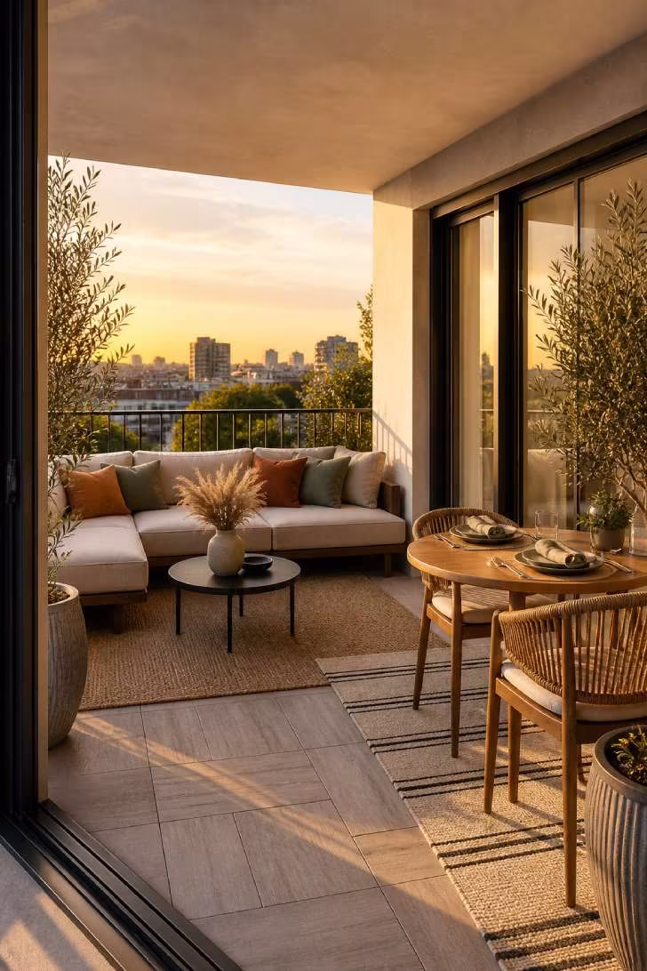 Large balcony divided into lounge and dining zones with sectional sofa and teak dining table at golden hour.