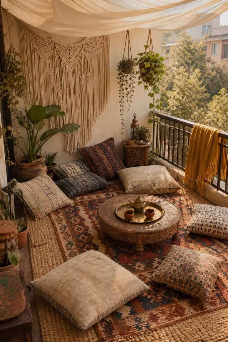 Bohemian floor-seating balcony lounge with layered rugs, floor cushions, macrame, and hanging plants.