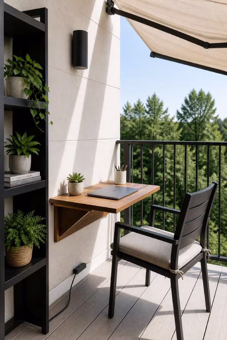 Outdoor home office on large balcony with wall-mounted teak desk, linen awning shade, and morning side light.