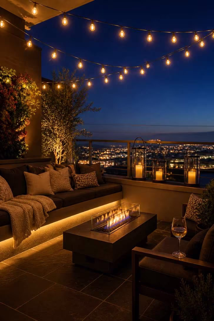 Evening balcony retreat with layered string lights, hurricane lanterns, fire pit table, and blue-hour city bokeh.