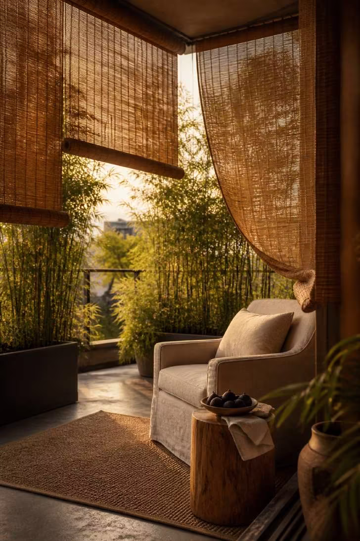 Private balcony oasis with layered bamboo screens, deep armchair, and amber-filtered diffused light.