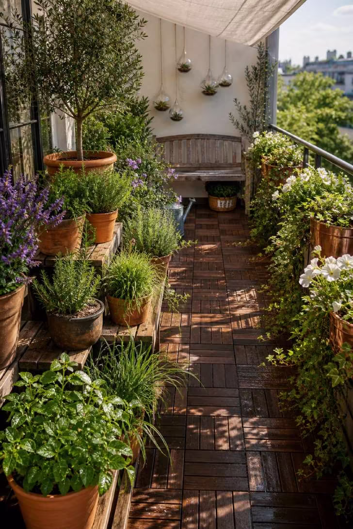 Balcony container garden with tiered planters, trailing greenery, and morning dew on leaves.