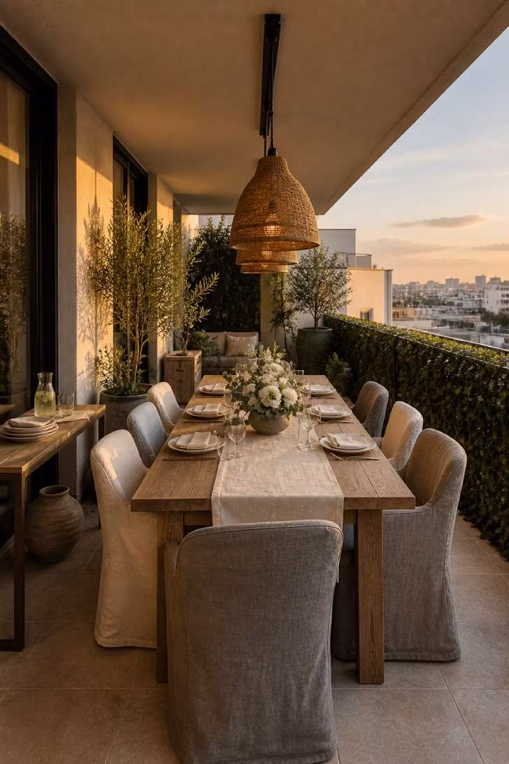 Outdoor dining room on a large balcony with teak table for six, rattan pendants, and golden evening light.