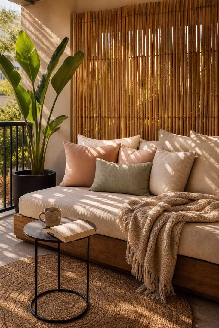 Outdoor daybed reading nook with linen cushions, bamboo privacy screen, and dappled afternoon light.