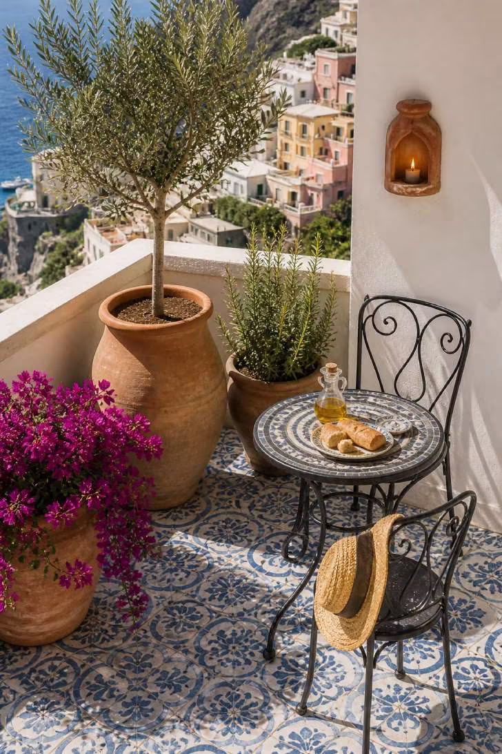 Mediterranean-style balcony corner with terracotta pots, blue-and-white tiles, and olive tree in bright morning light.