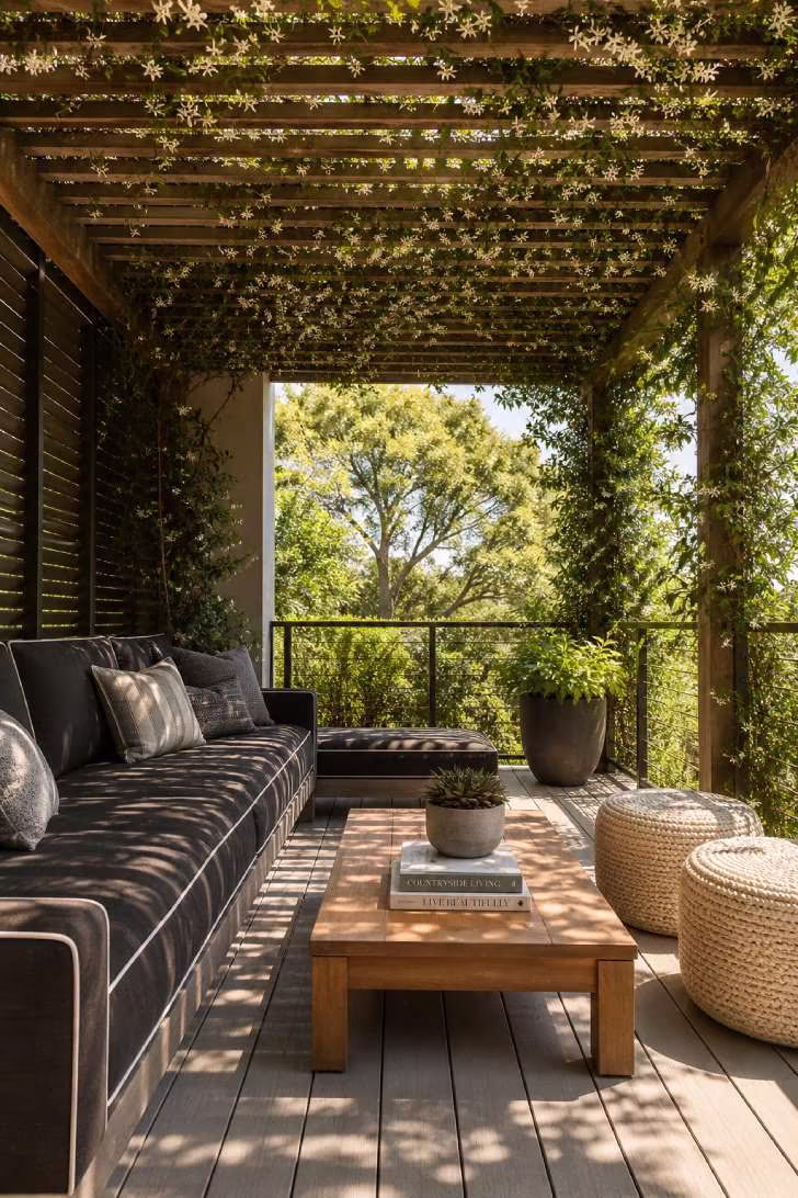 Pergola-covered balcony retreat with climbing jasmine, deep sofa, and rhythmic shadow patterns.