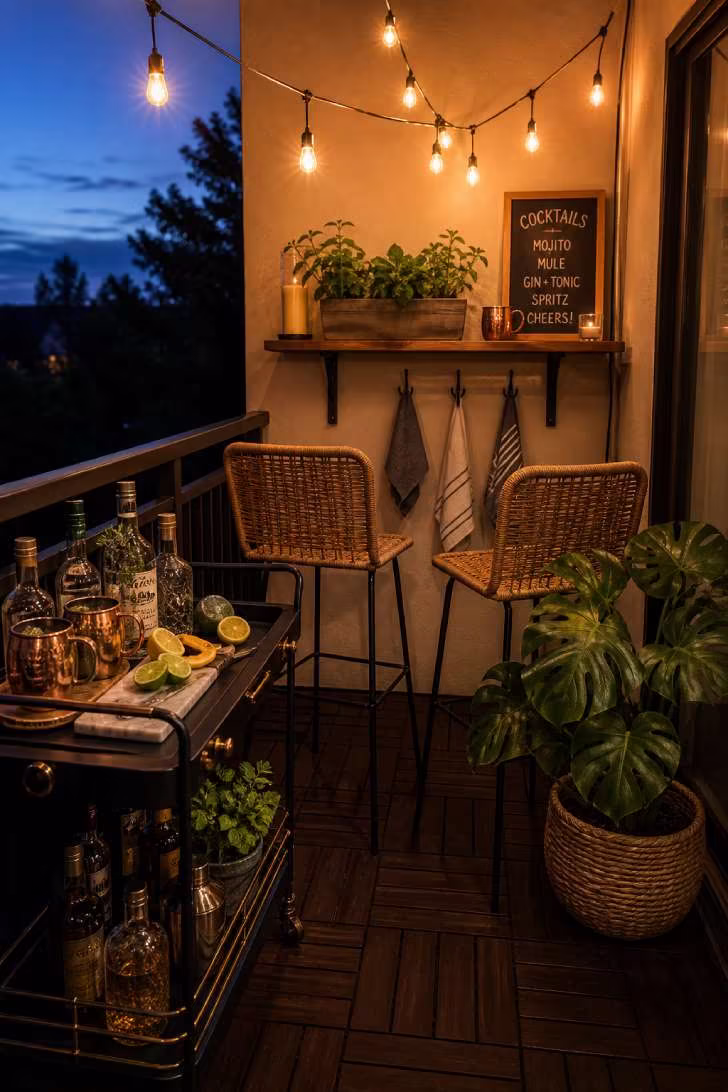 Balcony bar and entertaining station with brass bar cart, rattan stools, and warm Edison string lights at dusk.