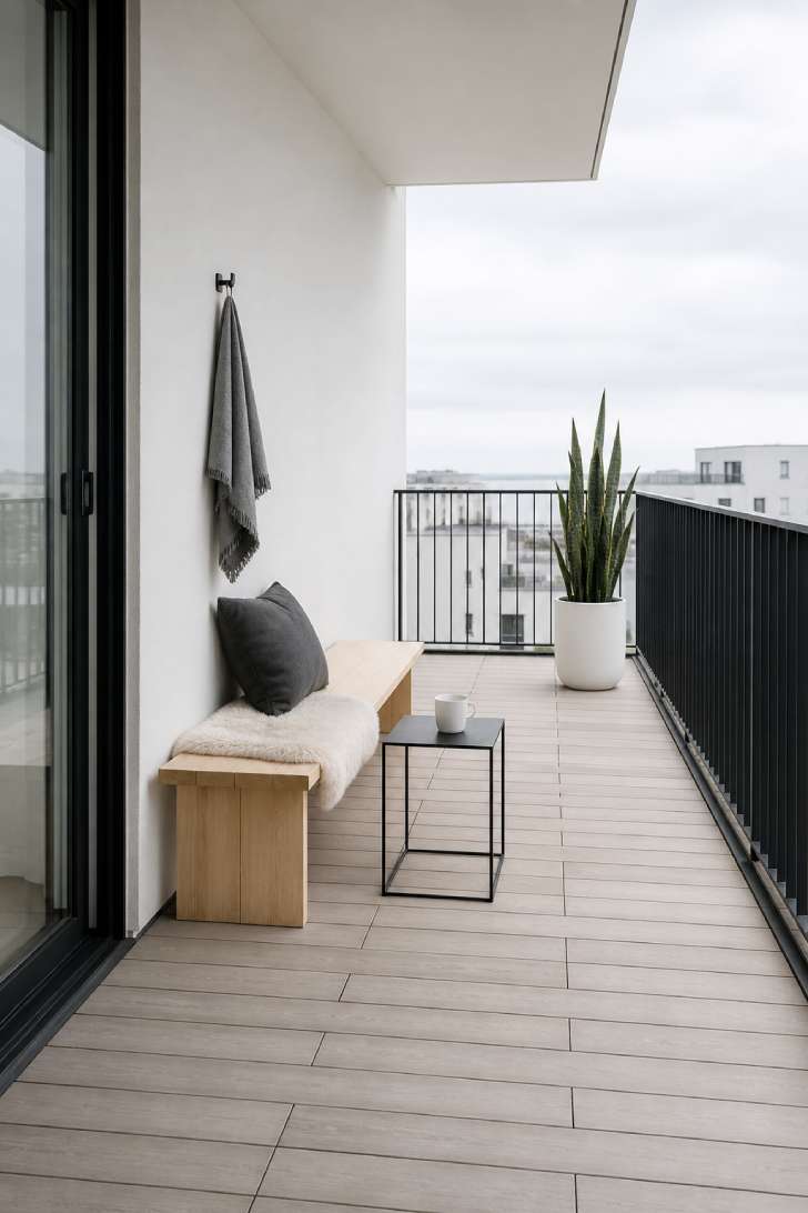 Scandinavian minimalist balcony with pale wood bench, sheepskin throw, and single snake plant in white pot.