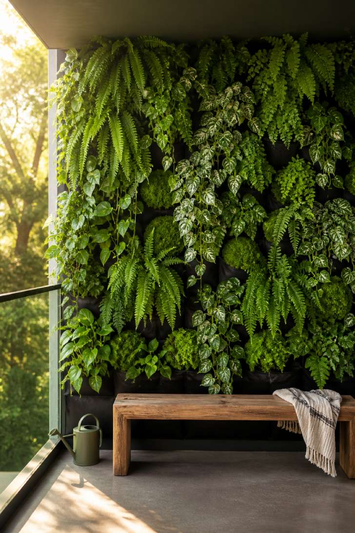Living vertical garden wall with cascading ferns and pothos above a simple wooden bench in side light.