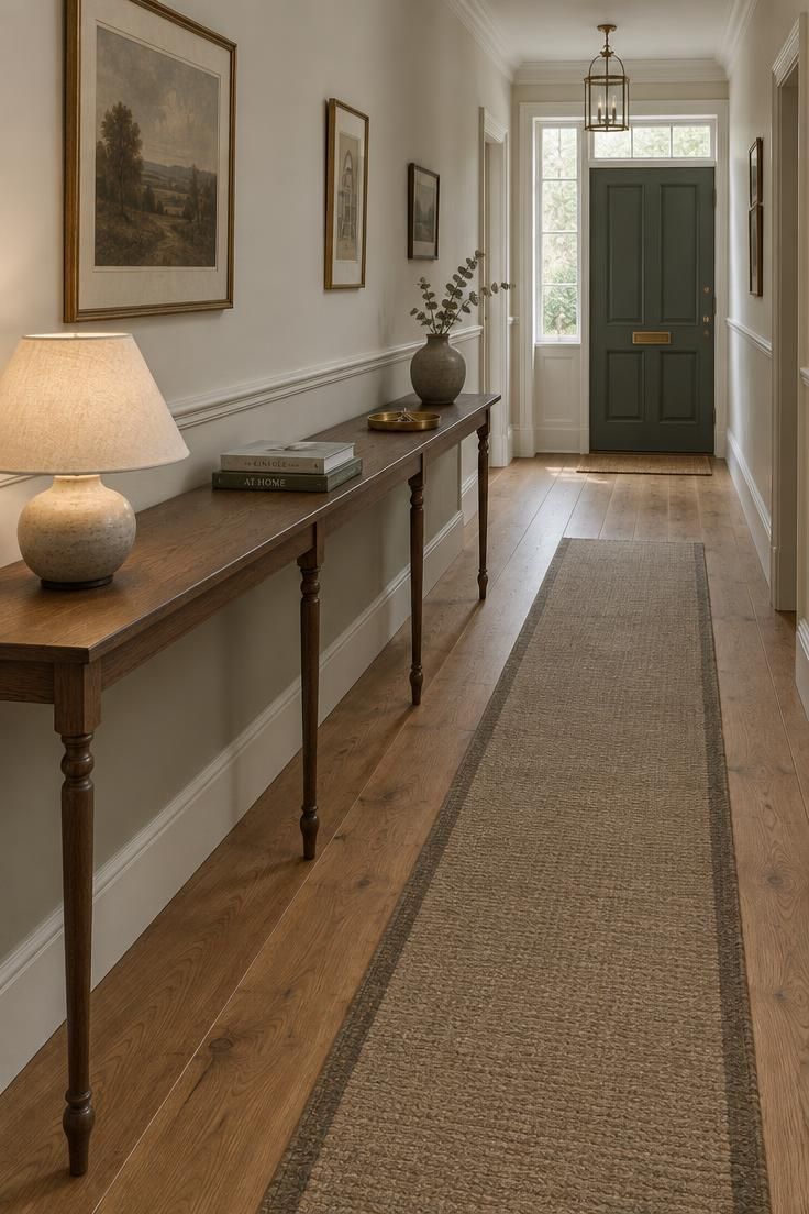 13 Clever Large Hallway Ideas to Make Yours Feel Like a Room 1 A narrow long console running most of one wall in a generous hallway, with a low lamp, stacked books, and a stoneware vessel spaced along its length and bare oak floor visible beneath its legs.