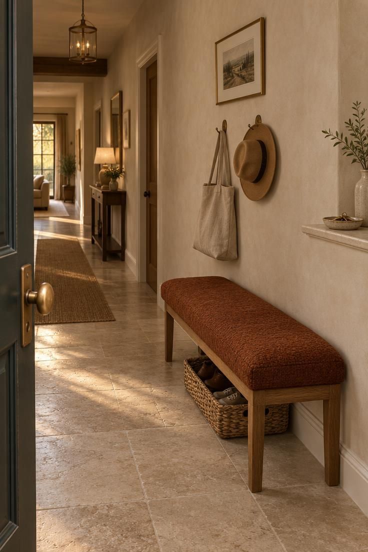 13 Clever Large Hallway Ideas to Make Yours Feel Like a Room 2 A low upholstered bench with a rust wool cushion against a hallway wall near the front door, brass hooks and a tote above, a shoe basket beneath, and a clear walkway of limestone floor in front.