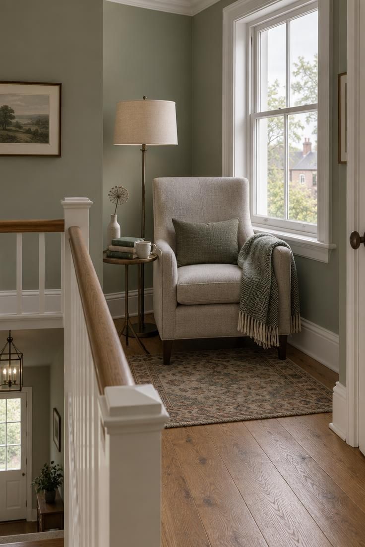 13 Clever Large Hallway Ideas to Make Yours Feel Like a Room 3 A landing reading nook with an upholstered armchair in a corner pocket of an upstairs hall, a round side table, a floor lamp, stacked books, and a small mat marking the edge beside the stairwell opening.